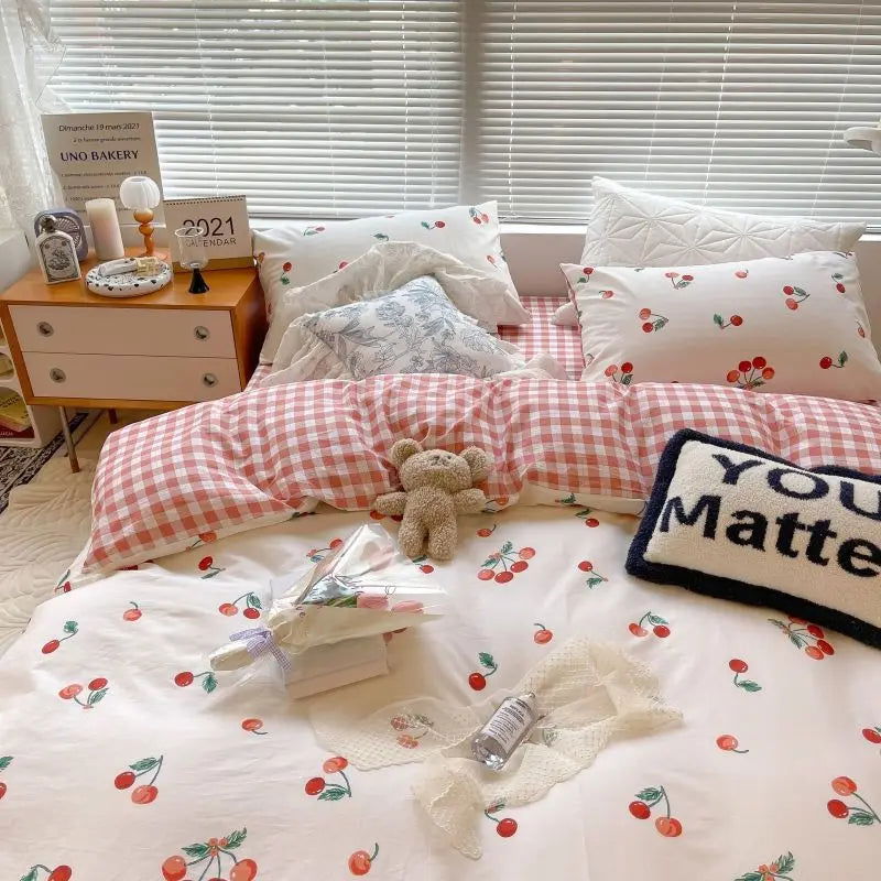 Ins Style Duvet Cover Set with Flat Sheet Pillowcases Cute Orange Cherry Crow Printed Single Double Queen Size Girls Bedding Kit - Slobuy