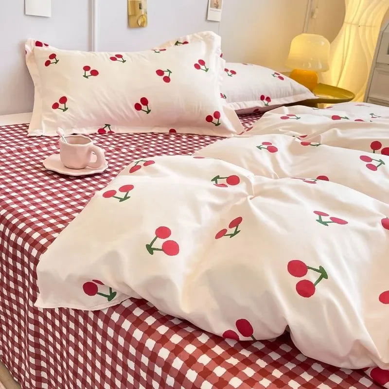 Ins Style Duvet Cover Set with Flat Sheet Pillowcases Cute Orange Cherry Crow Printed Single Double Queen Size Girls Bedding Kit - Slobuy