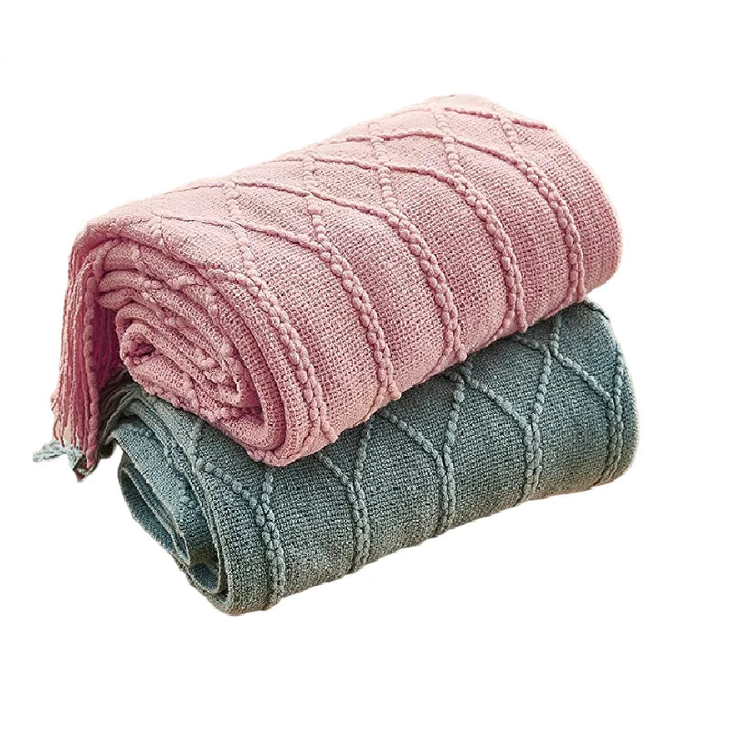 Inyahome Knitted Chunky Throw Blankets for Couch and Bed Soft Cozy Knit Blankets with Tassel Farmhouse Warm Woven Blankets Pink - Slobuy