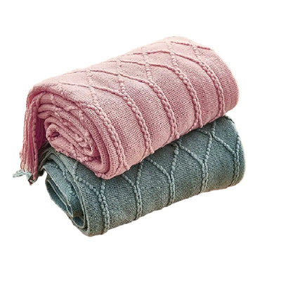 Inyahome Knitted Chunky Throw Blankets for Couch and Bed Soft Cozy Knit Blankets with Tassel Farmhouse Warm Woven Blankets Pink - Slobuy