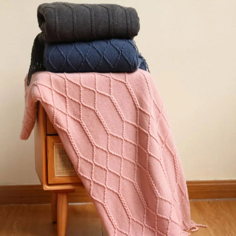 Inyahome Knitted Chunky Throw Blankets for Couch and Bed Soft Cozy Knit Blankets with Tassel Farmhouse Warm Woven Blankets Pink - Slobuy