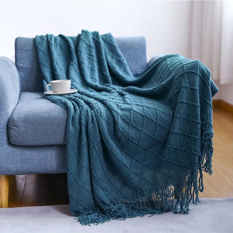 Inyahome Knitted Chunky Throw Blankets for Couch and Bed Soft Cozy Knit Blankets with Tassel Farmhouse Warm Woven Blankets Pink - Slobuy
