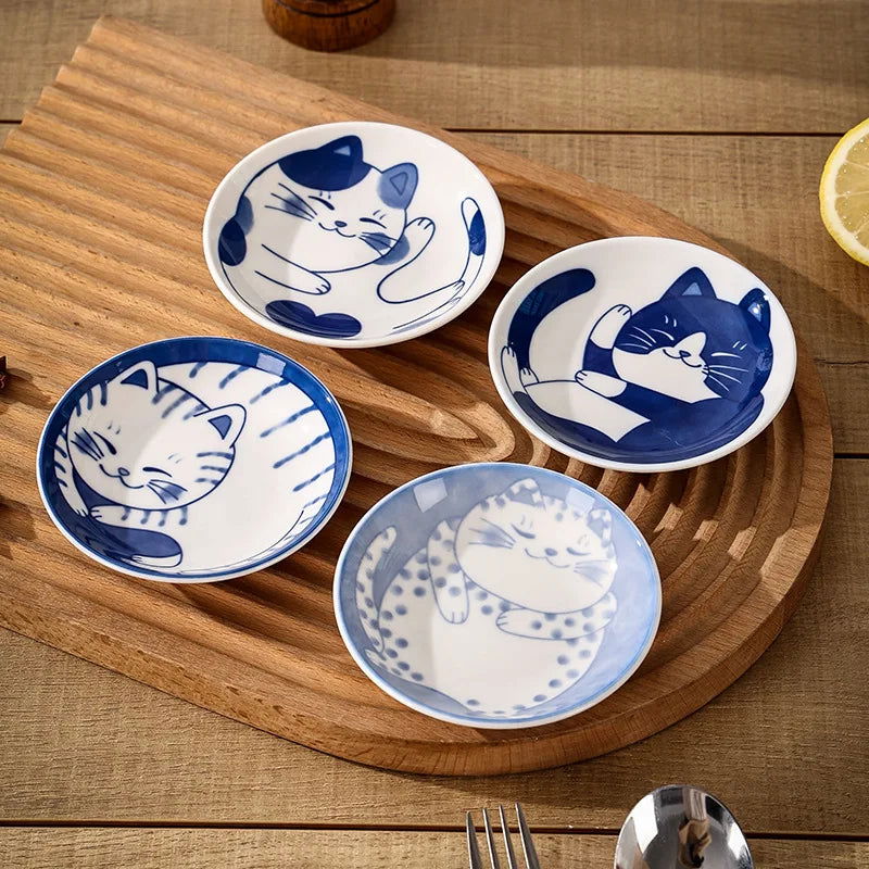 Japanese Style Ceramic Dessert Sauce Dish Tableware Creative Cute Cartoon Lucky Cat Pattern Water Drop Shape Fruit Sushi Plates - Slobuy