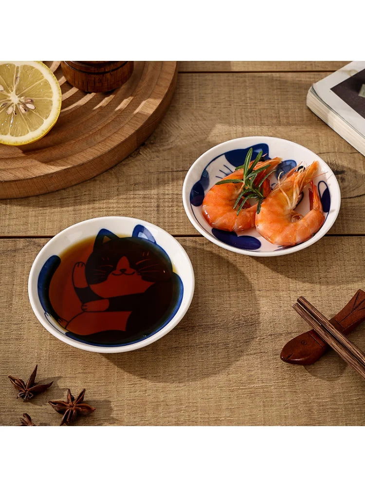 Japanese Style Ceramic Dessert Sauce Dish Tableware Creative Cute Cartoon Lucky Cat Pattern Water Drop Shape Fruit Sushi Plates - Slobuy