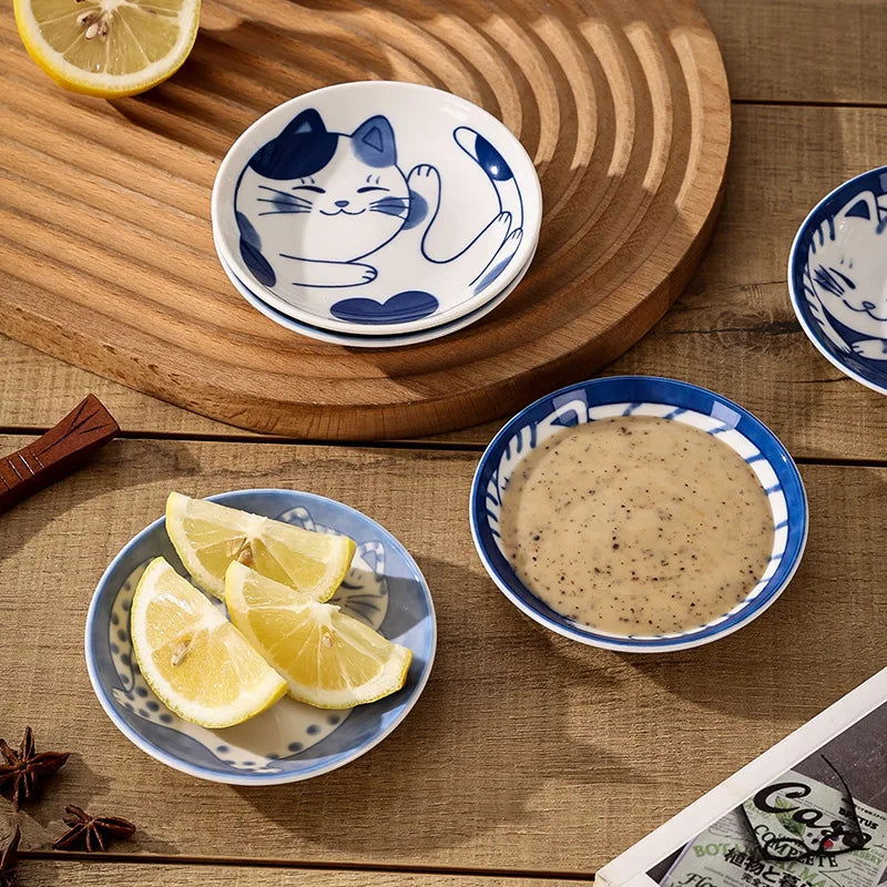 Japanese Style Ceramic Dessert Sauce Dish Tableware Creative Cute Cartoon Lucky Cat Pattern Water Drop Shape Fruit Sushi Plates - Slobuy