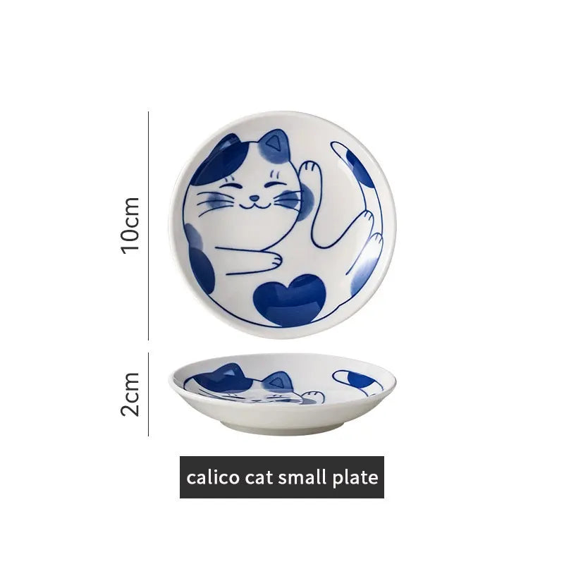 Japanese Style Ceramic Dessert Sauce Dish Tableware Creative Cute Cartoon Lucky Cat Pattern Water Drop Shape Fruit Sushi Plates - Slobuy