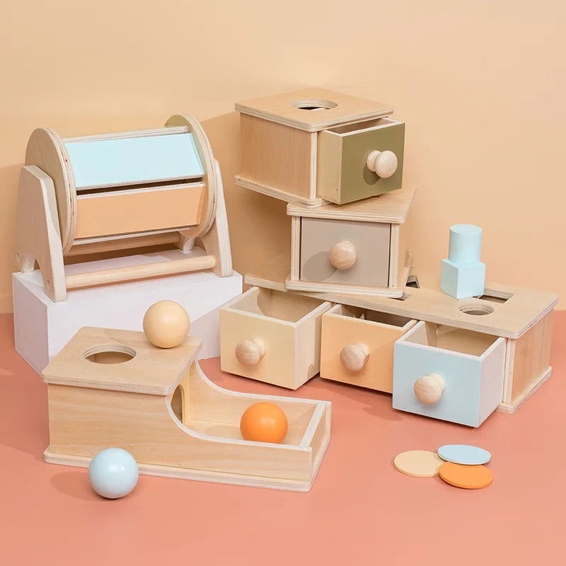 Kid Educational Toy Children Montessori Object Permanence Box Hammer Box Macaron Wooden Toys Coin Ball Textile Drum Drawer Box - Slobuy