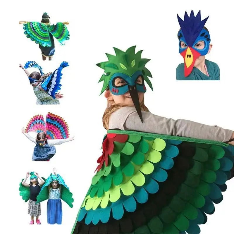 Kids Cosplay Costume Stage Performance Owl Peacock Wings Bird Felt Cape with Mask for Girls Boys Halloween Party Cloak - Slobuy