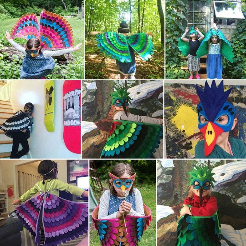 Kids Cosplay Costume Stage Performance Owl Peacock Wings Bird Felt Cape with Mask for Girls Boys Halloween Party Cloak - Slobuy