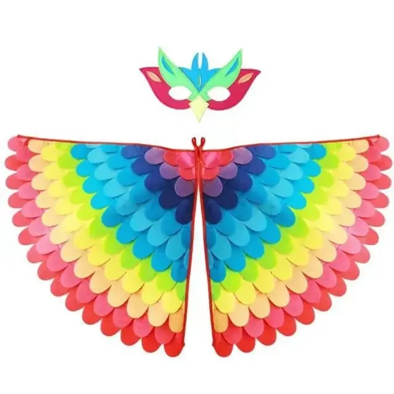 Kids Cosplay Costume Stage Performance Owl Peacock Wings Bird Felt Cape with Mask for Girls Boys Halloween Party Cloak - Slobuy