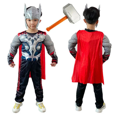 Kids Thor Muscle Costume Superhero Thor Cosplay Muscle Costume Jumpsuit Mask Hammer Halloween Carnival Clothes for Children - Slobuy