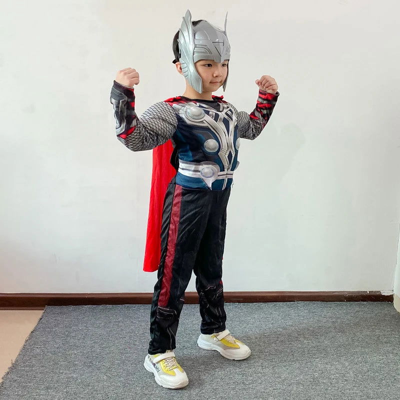 Kids Thor Muscle Costume Superhero Thor Cosplay Muscle Costume Jumpsuit Mask Hammer Halloween Carnival Clothes for Children - Slobuy