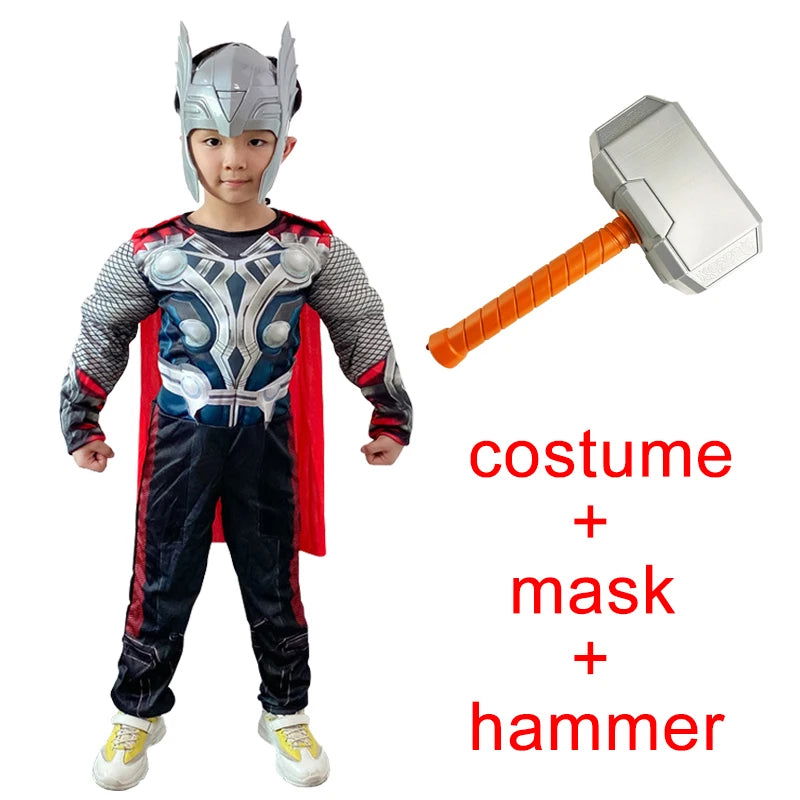 Kids Thor Muscle Costume Superhero Thor Cosplay Muscle Costume Jumpsuit Mask Hammer Halloween Carnival Clothes for Children - Slobuy