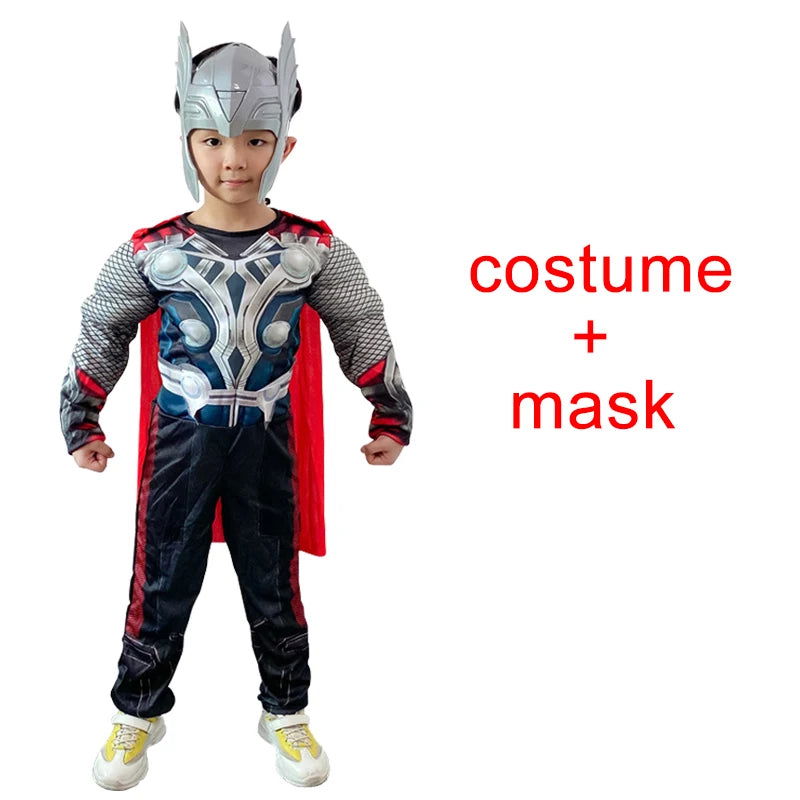 Kids Thor Muscle Costume Superhero Thor Cosplay Muscle Costume Jumpsuit Mask Hammer Halloween Carnival Clothes for Children - Slobuy