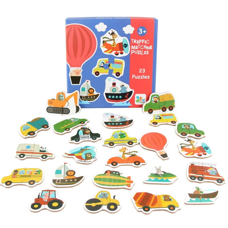 Kids Wooden Jigsaw Matching Puzzle Game Baby Early Learning Cognition Animal Fruit Traffic Educational Toys for Children Gifts - Slobuy