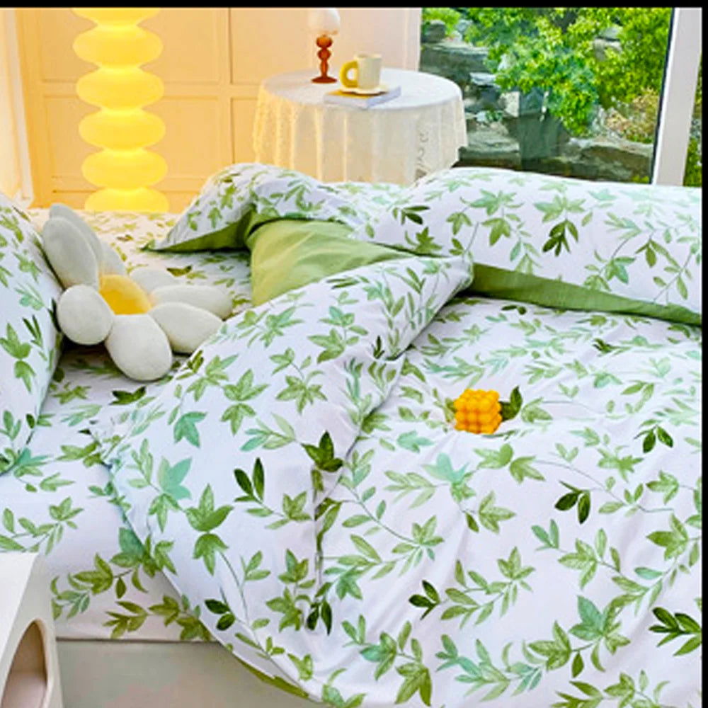 2/3pcs Set Green Flower Print Duvet Cover with Pillow Case Nordic Comforter Bedding Set Quilt Cover Queen/King Double  Bed - Slobuy