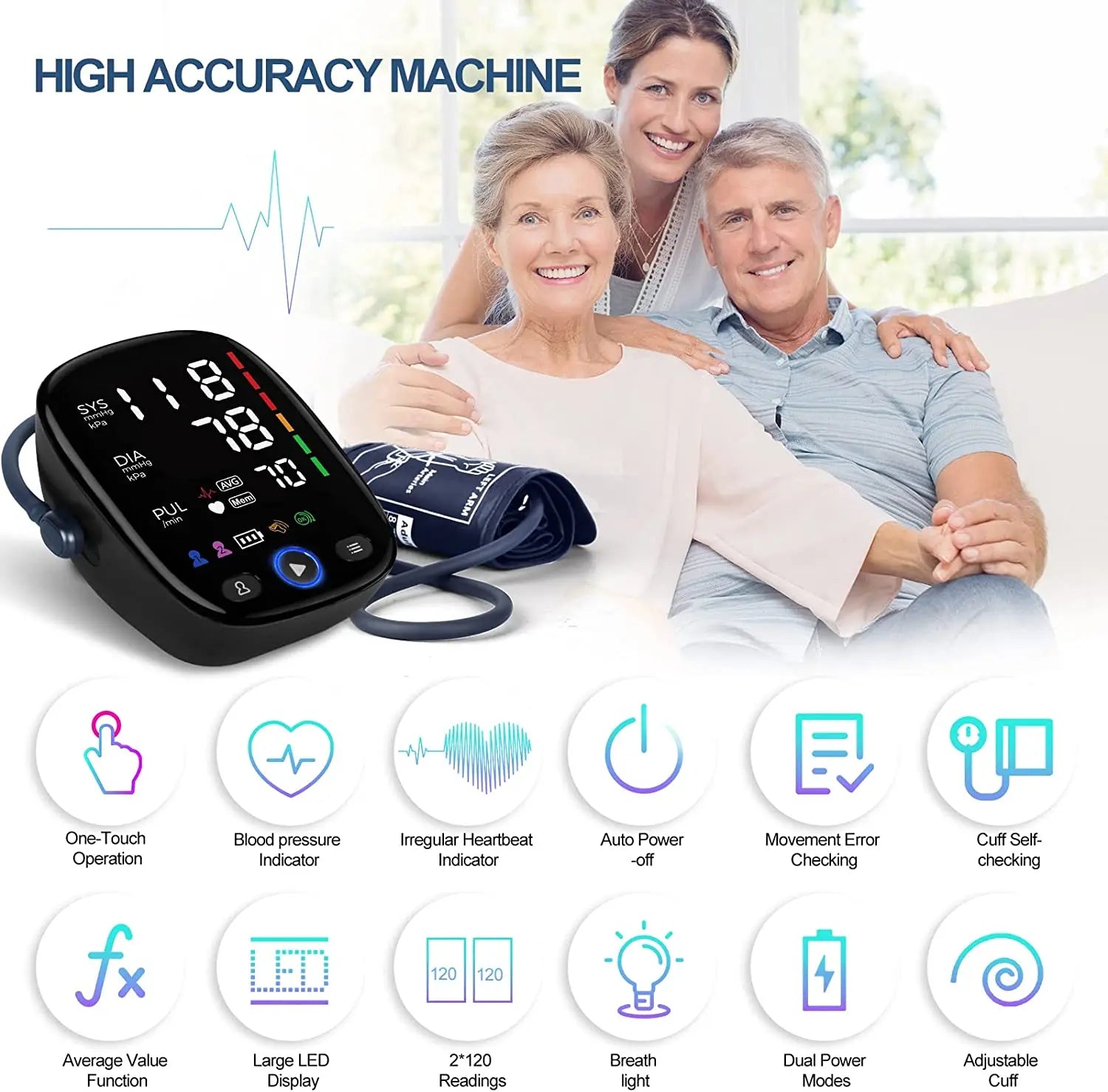 Kingclinic Blood Pressure Monitor Upper Arm Automatic BP Cuff Machine with LED Display for Home Use Health Care - Slobuy