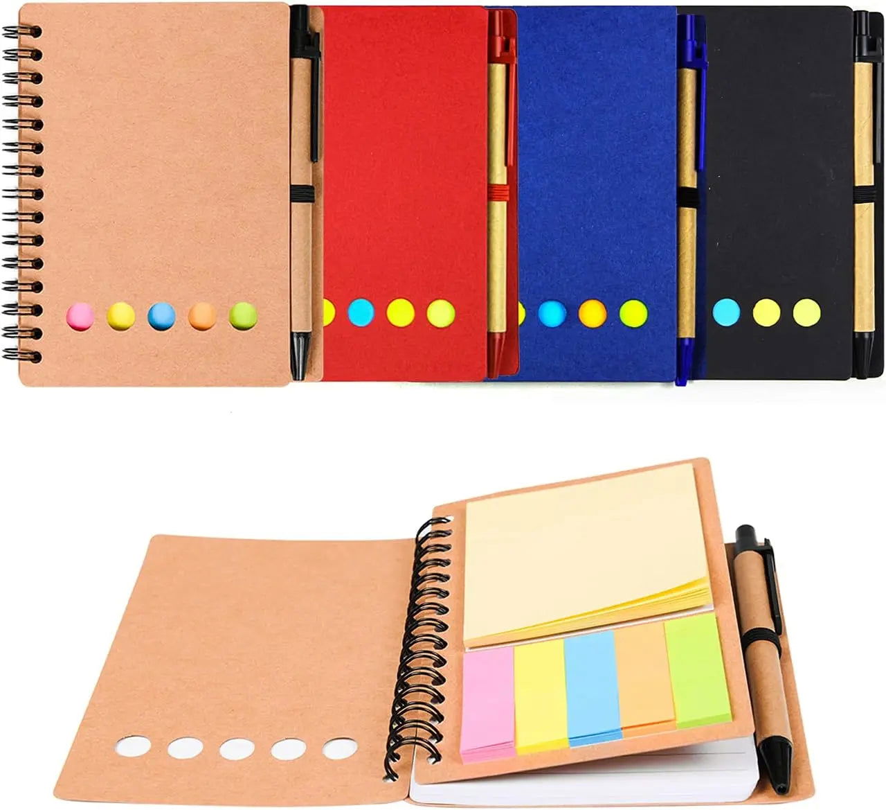 Kisdo Lined Spiral Notebook Kraft Paper Cover Notepad with Pen In Holder, Sticky Notes and Page Marker, Business Small Notebook - Slobuy