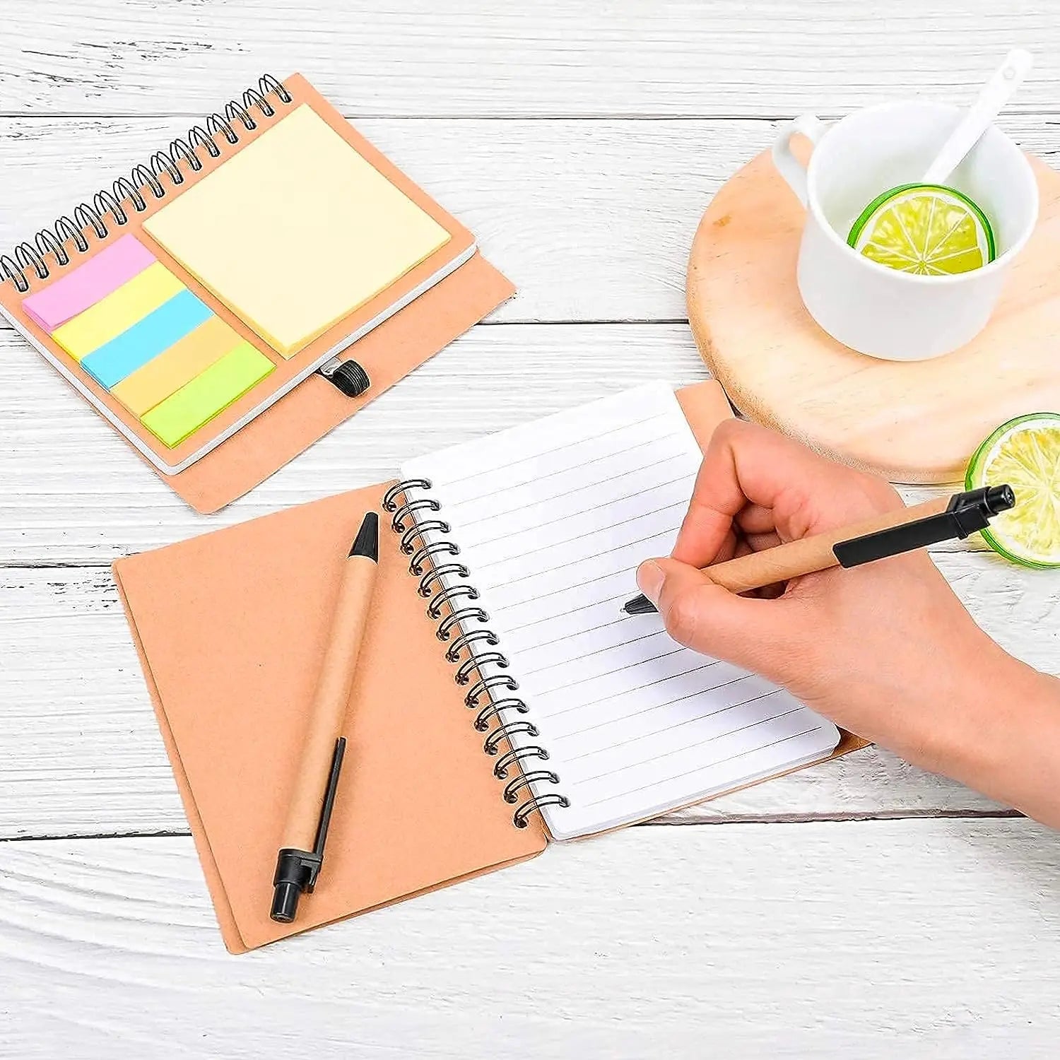 Kisdo Lined Spiral Notebook Kraft Paper Cover Notepad with Pen In Holder, Sticky Notes and Page Marker, Business Small Notebook - Slobuy