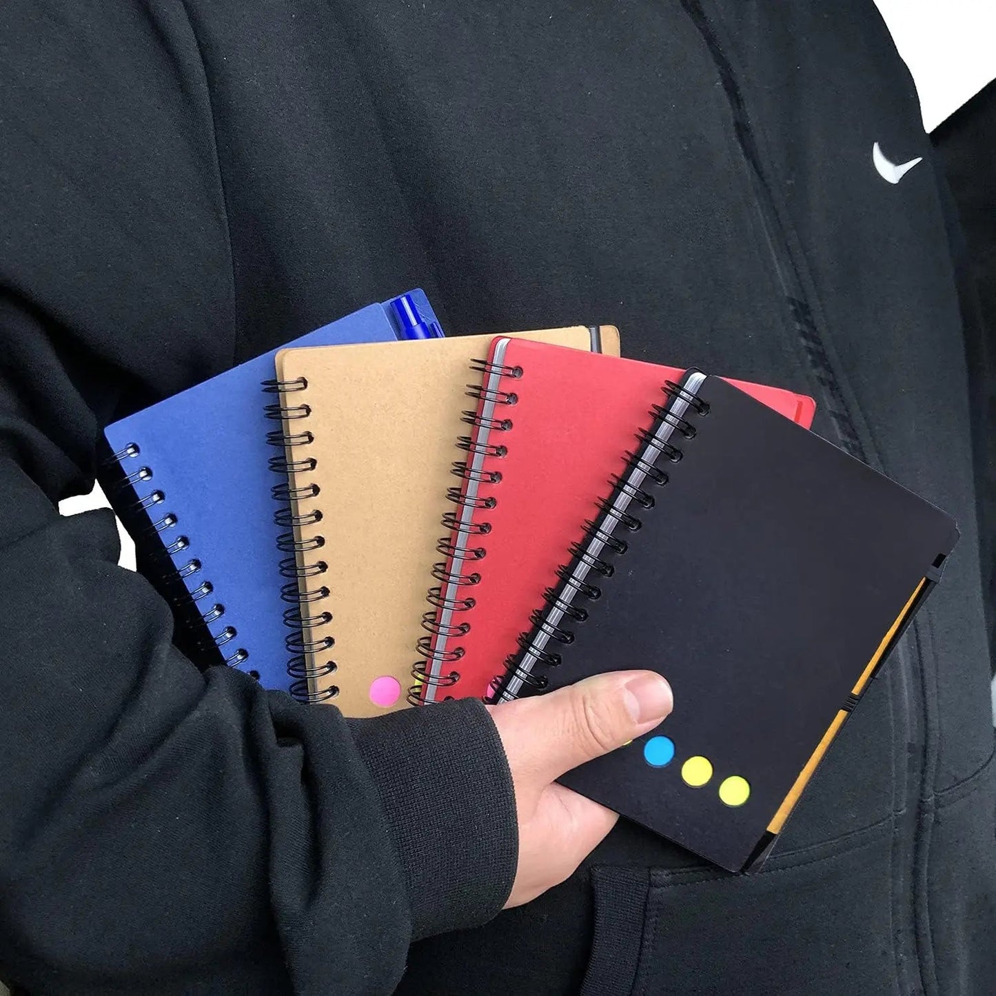 Kisdo Lined Spiral Notebook Kraft Paper Cover Notepad with Pen In Holder, Sticky Notes and Page Marker, Business Small Notebook - Slobuy