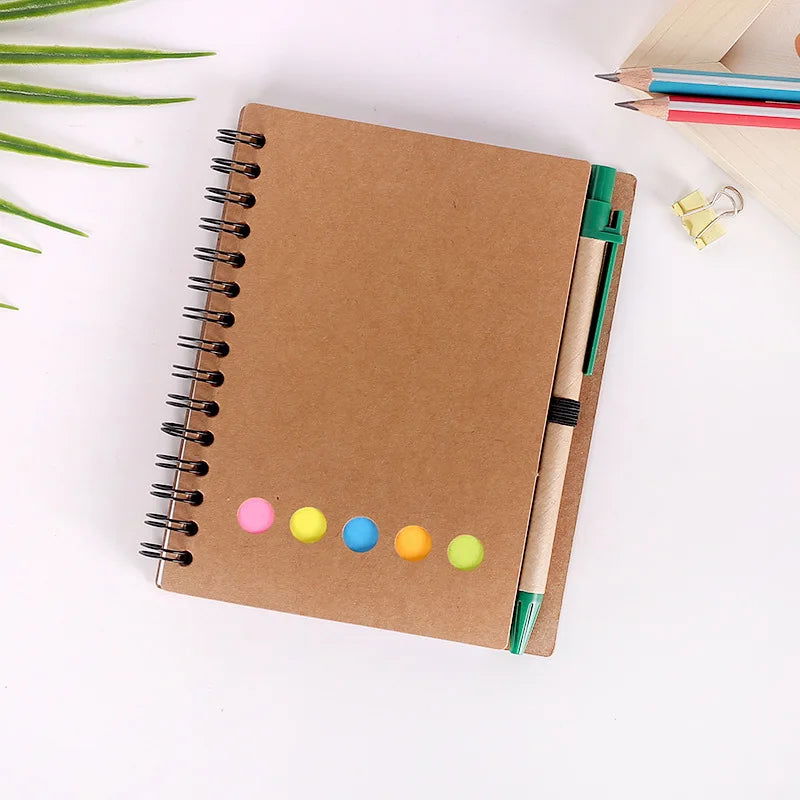 Kisdo Lined Spiral Notebook Kraft Paper Cover Notepad with Pen In Holder, Sticky Notes and Page Marker, Business Small Notebook - Slobuy