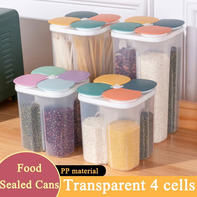 Kitchen Cereals Storage Box Plastic 4 grids Cereals Sealed Jar Food Container Moisture-proof Grain Tank Spaghetti Keep Fresh Box - Slobuy