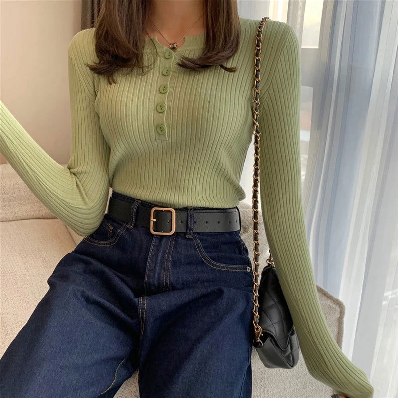 Knitted Women Sweater Button O-neck Pullovers Spring Autumn Basic Sweaters for Female Pullover Slim Solid Bold Stripes Tops - Slobuy