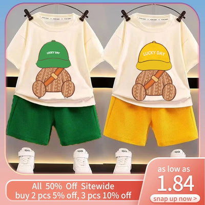 Korean Children Summer Sets Girl Boy Short Sleeved Shorts Suit Child Clothing Fashion Tee Soild Color Pant Outfits Kids Costume - Slobuy