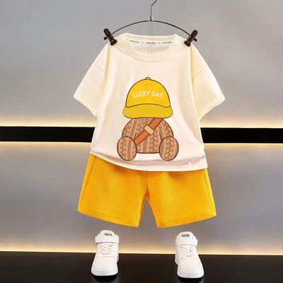 Korean Children Summer Sets Girl Boy Short Sleeved Shorts Suit Child Clothing Fashion Tee Soild Color Pant Outfits Kids Costume - Slobuy