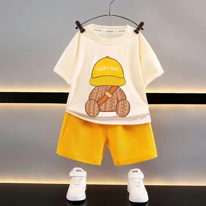 Korean Children Summer Sets Girl Boy Short Sleeved Shorts Suit Child Clothing Fashion Tee Soild Color Pant Outfits Kids Costume - Slobuy
