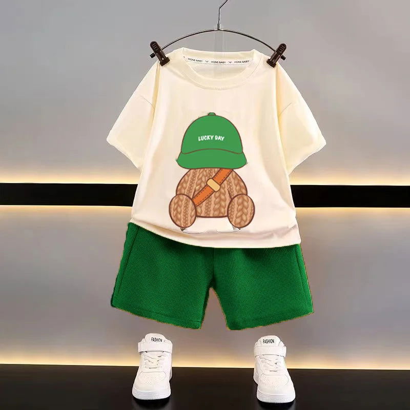Korean Children Summer Sets Girl Boy Short Sleeved Shorts Suit Child Clothing Fashion Tee Soild Color Pant Outfits Kids Costume - Slobuy