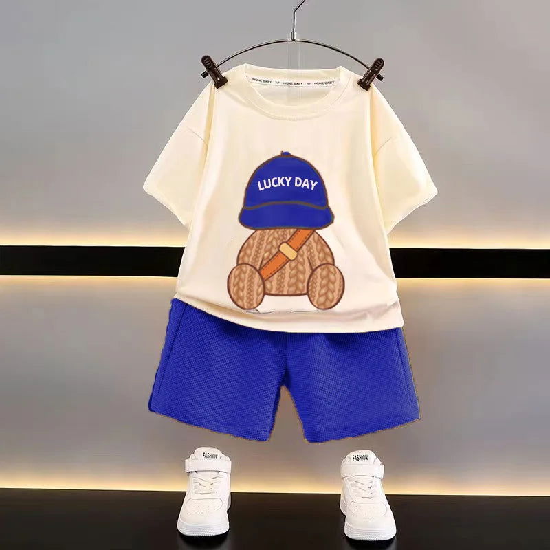 Korean Children Summer Sets Girl Boy Short Sleeved Shorts Suit Child Clothing Fashion Tee Soild Color Pant Outfits Kids Costume - Slobuy