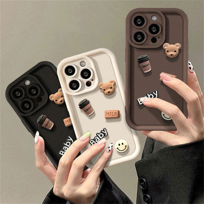 Korean Cute Cartoon 3D Coffee Bear Phone Case For iPhone 15 14 13 12 11 Pro Max X XR Soild Color Silicone Shockproof Soft Cover - Slobuy