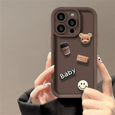 Korean Cute Cartoon 3D Coffee Bear Phone Case For iPhone 15 14 13 12 11 Pro Max X XR Soild Color Silicone Shockproof Soft Cover - Slobuy