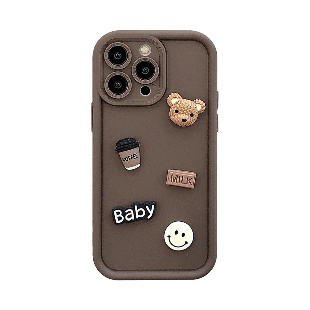 Korean Cute Cartoon 3D Coffee Bear Phone Case For iPhone 15 14 13 12 11 Pro Max X XR Soild Color Silicone Shockproof Soft Cover - Slobuy