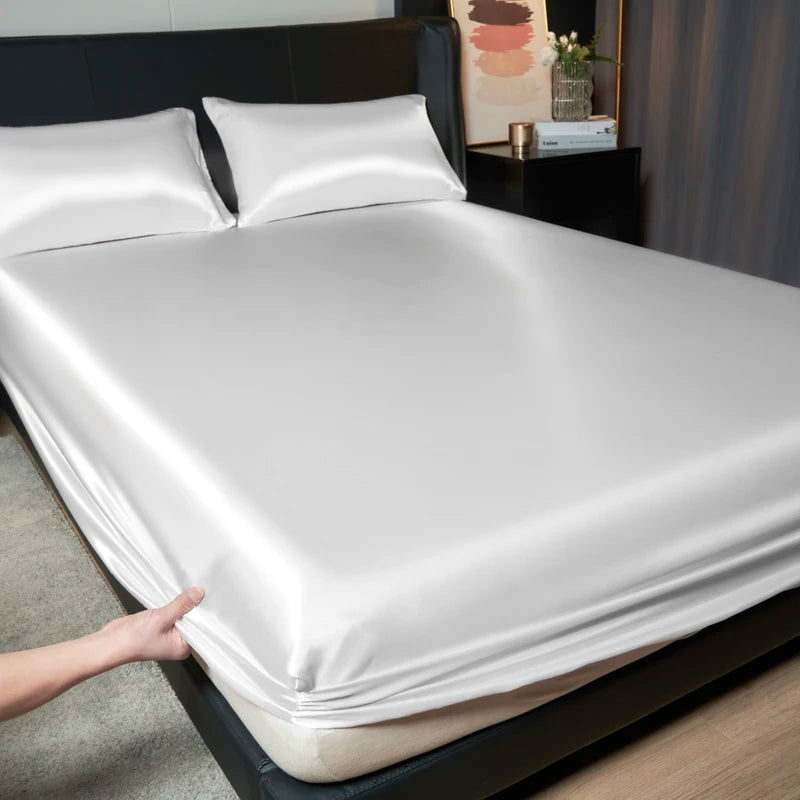 Kuup Satin luxury Solid Bed Fitted Sheet （No Pillowcase）Nordic Adjustable Mattress Covers 4 Corners With Elastic Band - Slobuy