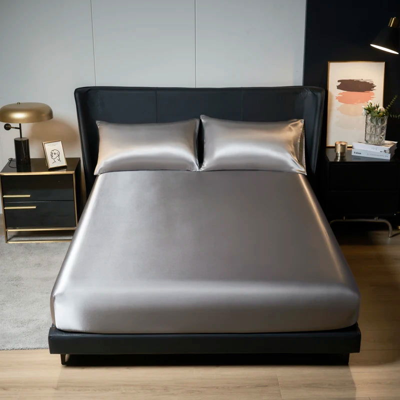 Kuup Satin luxury Solid Bed Fitted Sheet （No Pillowcase）Nordic Adjustable Mattress Covers 4 Corners With Elastic Band - Slobuy