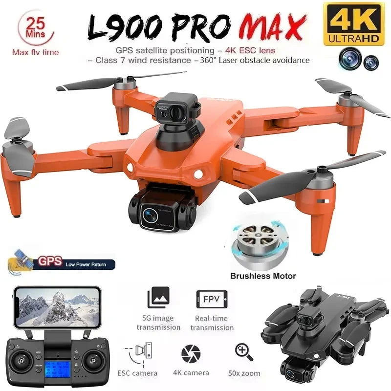 L900 Pro MAX GPS Drone 4K Professional HD Dual Camera 5G Wifi 360° Obstacle Avoidance Brushless Foldable Quadcopter RC Drone Toy - Slobuy