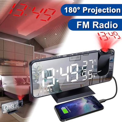 LED Digital Projection Alarm Clock Electronic Alarm Clock with Projection FM Radio Time Projector Bedroom Bedside Mute Clock - Slobuy