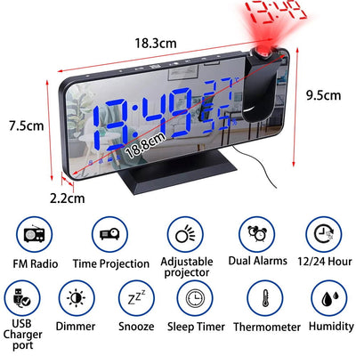 LED Digital Projection Alarm Clock Electronic Alarm Clock with Projection FM Radio Time Projector Bedroom Bedside Mute Clock - Slobuy