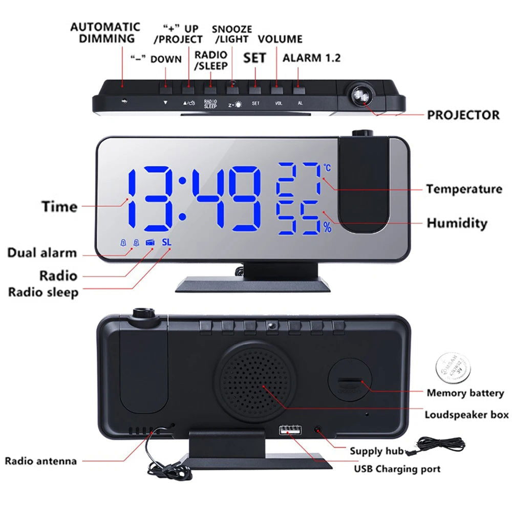 LED Digital Projection Alarm Clock Electronic Alarm Clock with Projection FM Radio Time Projector Bedroom Bedside Mute Clock - Slobuy