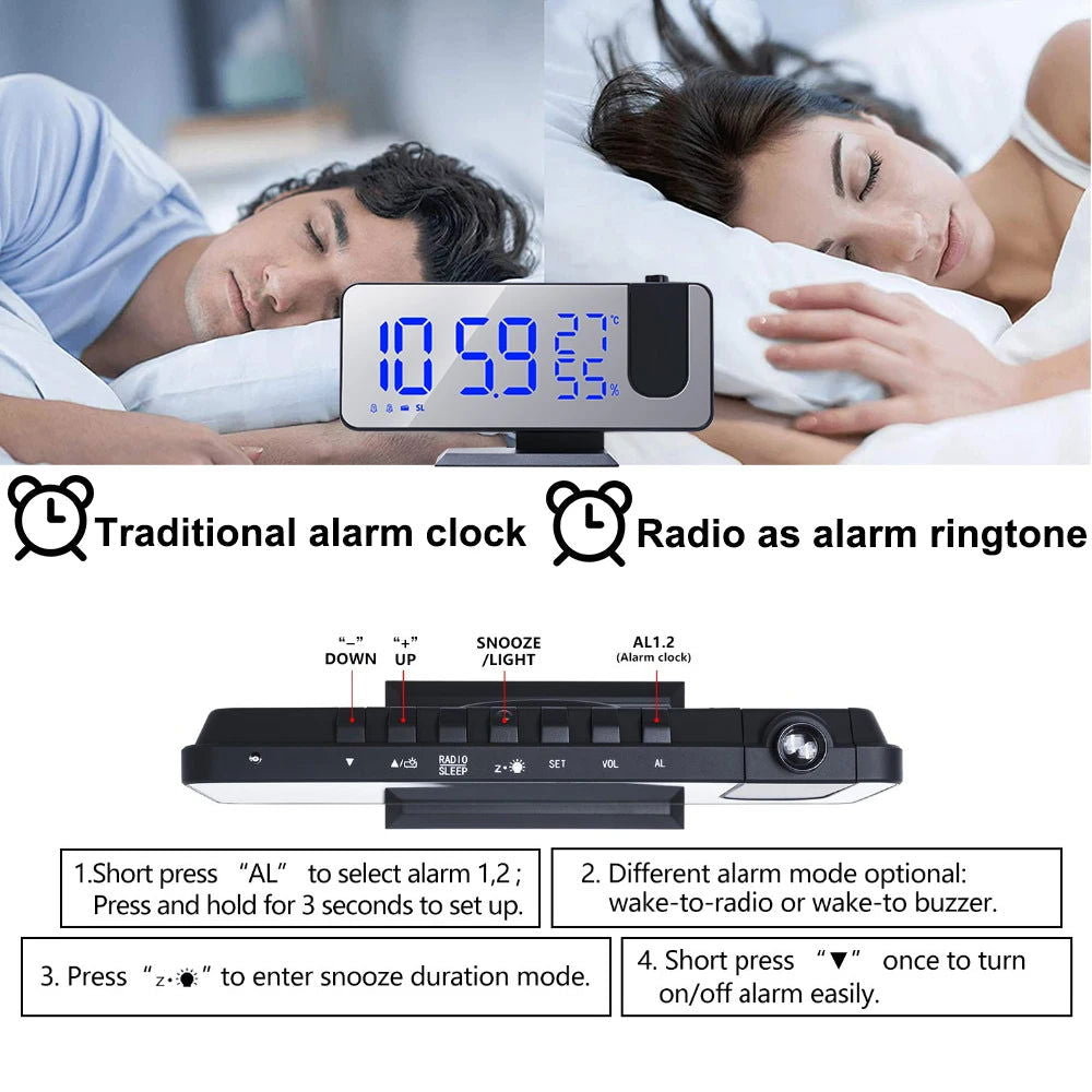 LED Digital Projection Alarm Clock Electronic Alarm Clock with Projection FM Radio Time Projector Bedroom Bedside Mute Clock - Slobuy