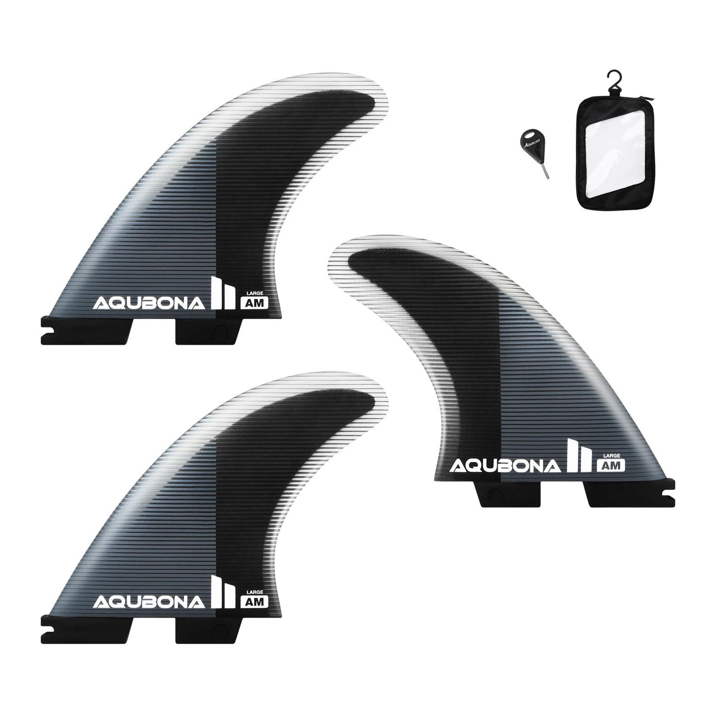 AQUBONA Twin Tab Thruster 3 Fins for Surfing - Honeycomb Fiberglass M/L Sizes Black Surfboard Fin with Screws and Fin Key - Slobuy