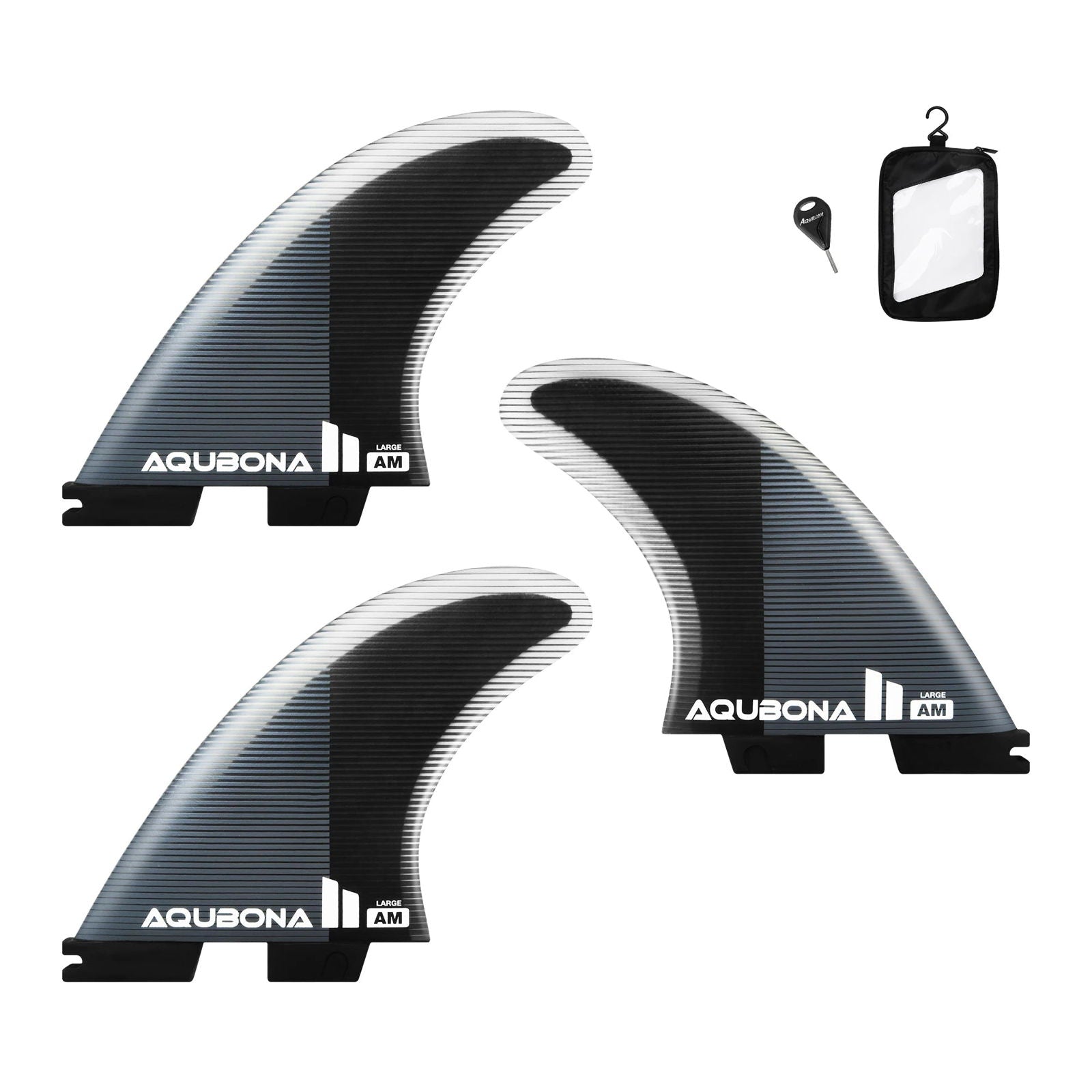 AQUBONA Twin Tab Thruster 3 Fins for Surfing - Honeycomb Fiberglass M/L Sizes Black Surfboard Fin with Screws and Fin Key - Slobuy