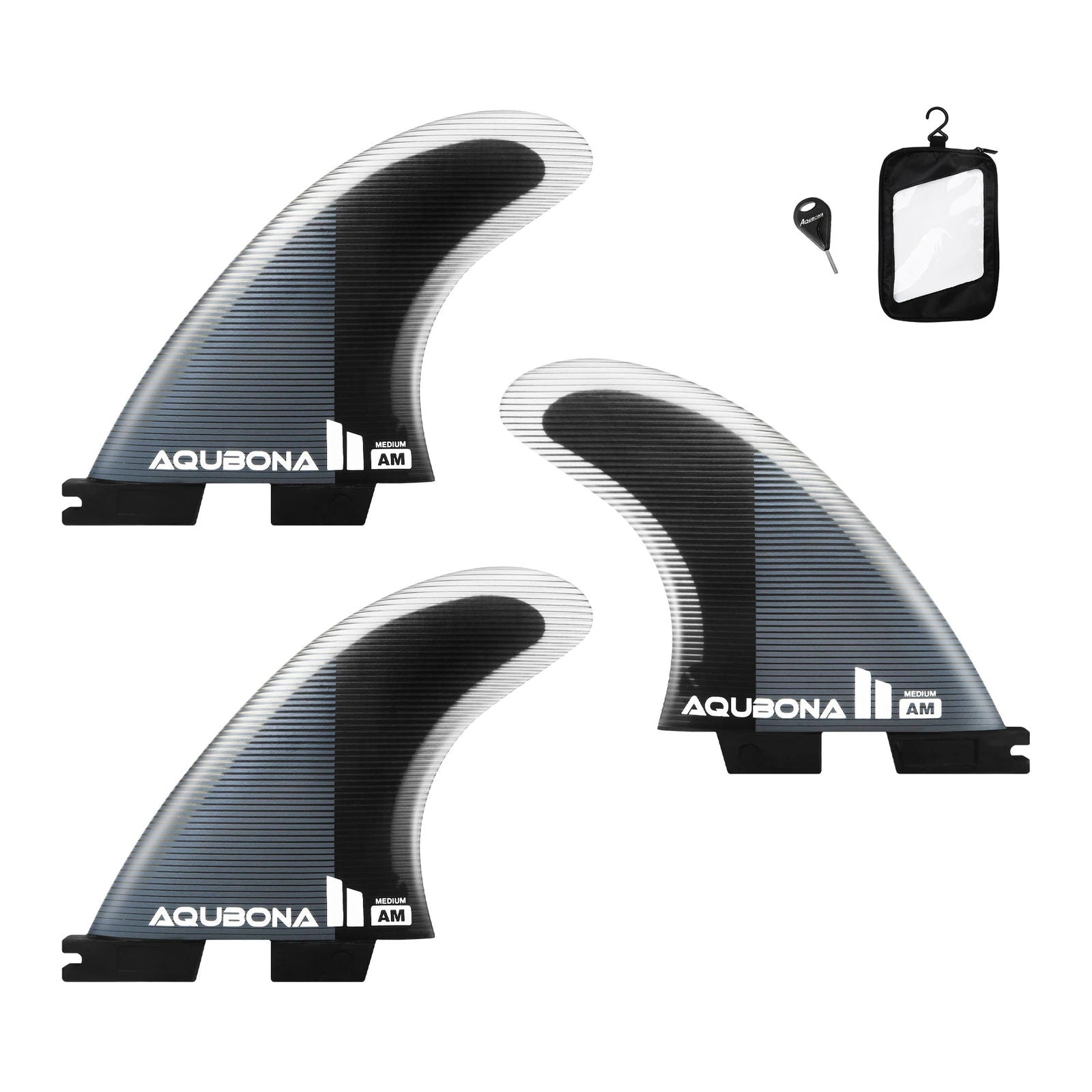 AQUBONA Twin Tab Thruster 3 Fins for Surfing - Honeycomb Fiberglass M/L Sizes Black Surfboard Fin with Screws and Fin Key - Slobuy