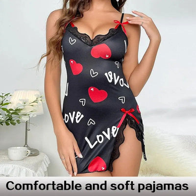 Lace Edge V-Neck Sling Side Split Sleepwear Women's Printed Love Letter Black Home Sling Dress Pajamas - Slobuy