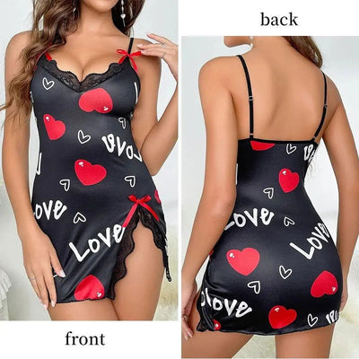 Lace Edge V-Neck Sling Side Split Sleepwear Women's Printed Love Letter Black Home Sling Dress Pajamas - Slobuy