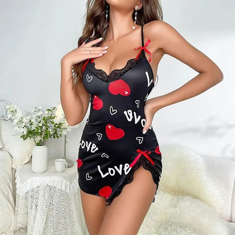 Lace Edge V-Neck Sling Side Split Sleepwear Women's Printed Love Letter Black Home Sling Dress Pajamas - Slobuy