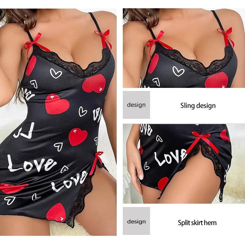 Lace Edge V-Neck Sling Side Split Sleepwear Women's Printed Love Letter Black Home Sling Dress Pajamas - Slobuy