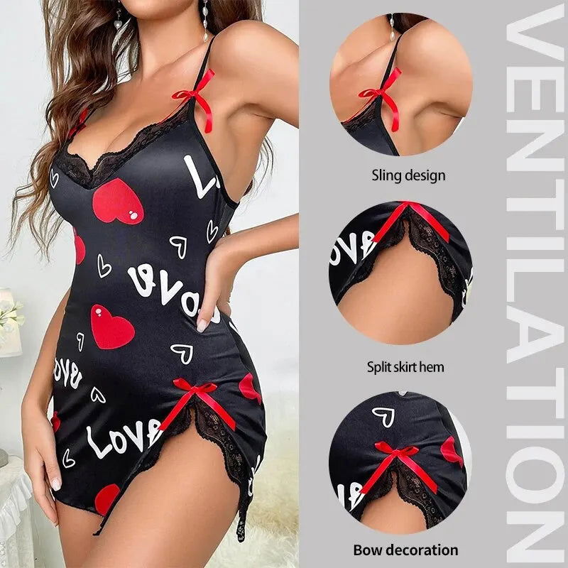 Lace Edge V-Neck Sling Side Split Sleepwear Women's Printed Love Letter Black Home Sling Dress Pajamas - Slobuy